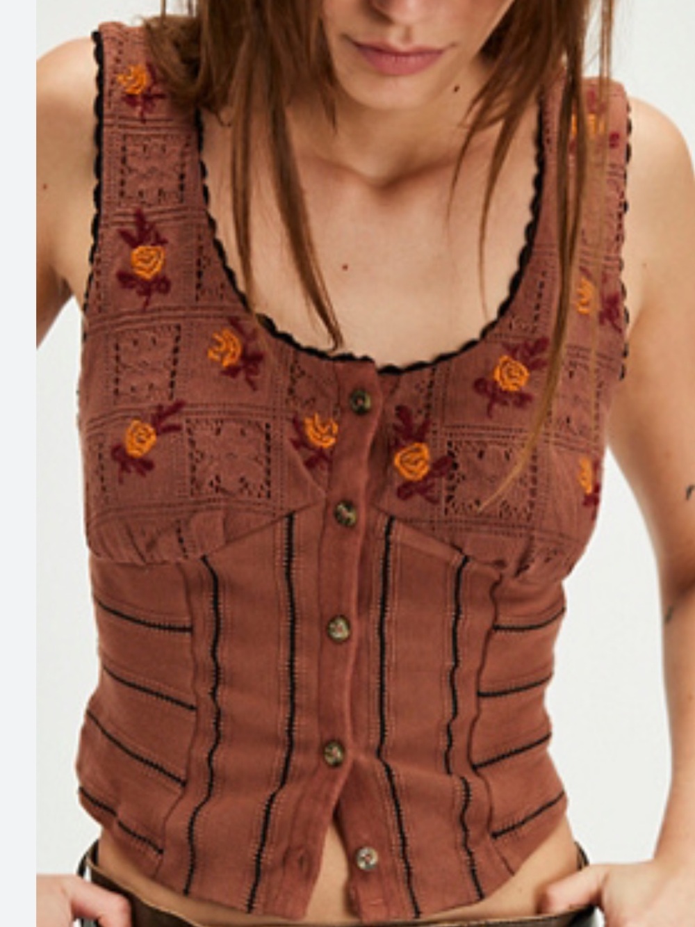 Free People Embroidered Rose Bud Knit Tank in Rust Brown - Picture 3 of 4